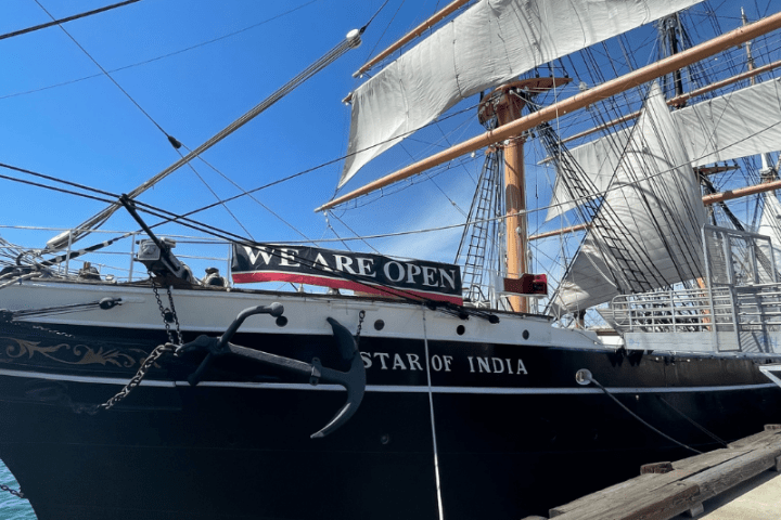 a large ship in the background