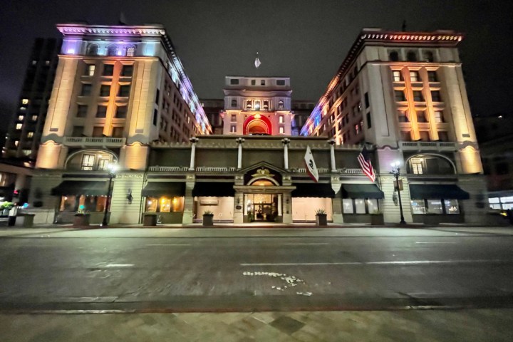 a store front at night
